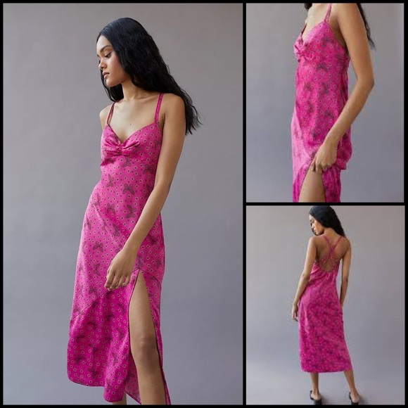Urban Outfitters Dresses & Skirts - Urban Outfitters Samira Fuchsia Butterfly Midi Satin Slip Coquette Fairy Dress M